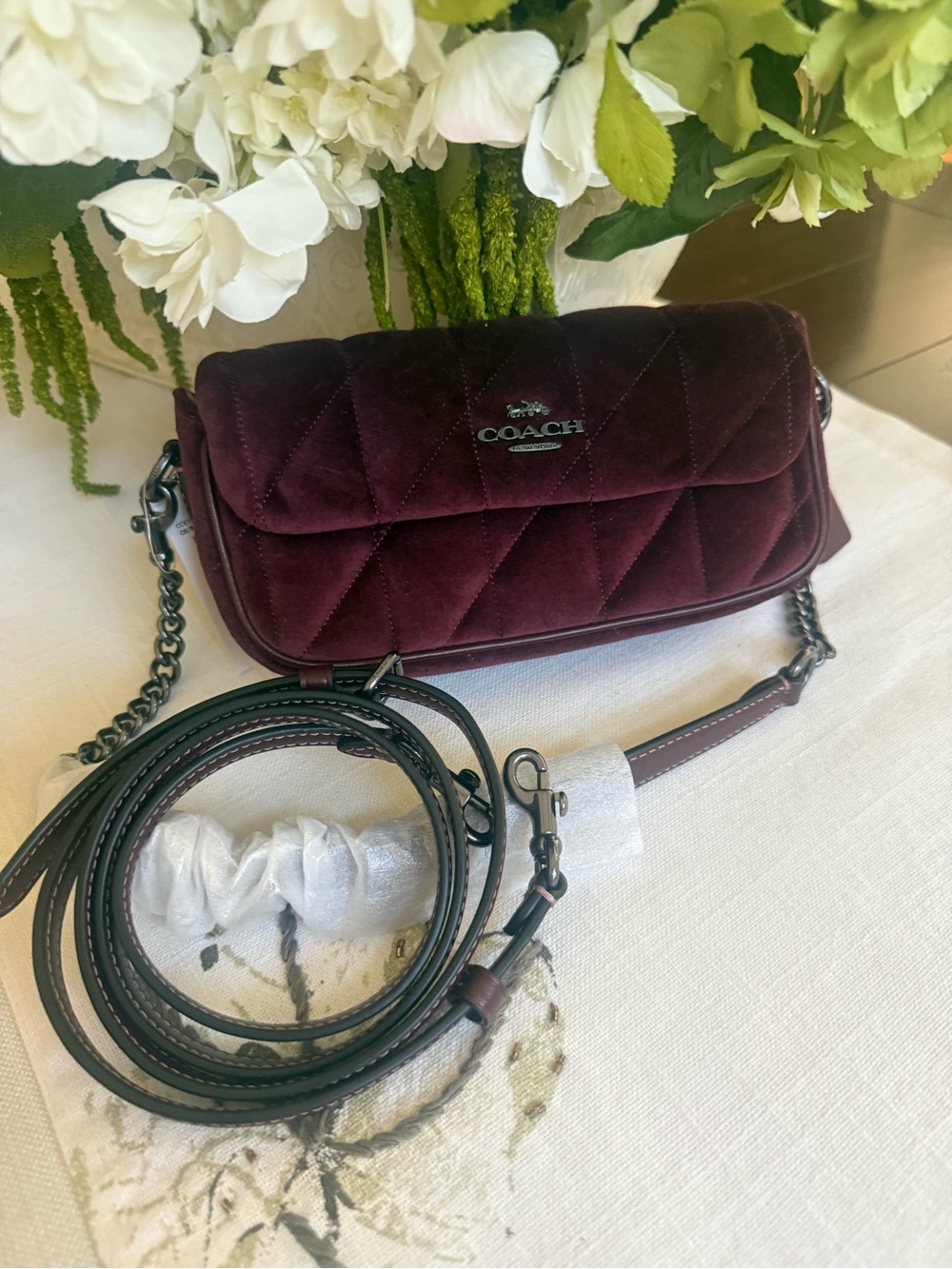 COACH Quilted Velvet Crossbody in Burgundy